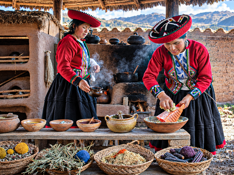 Weavers of Chinchero working at backstrap looms in front of the Inca terraces